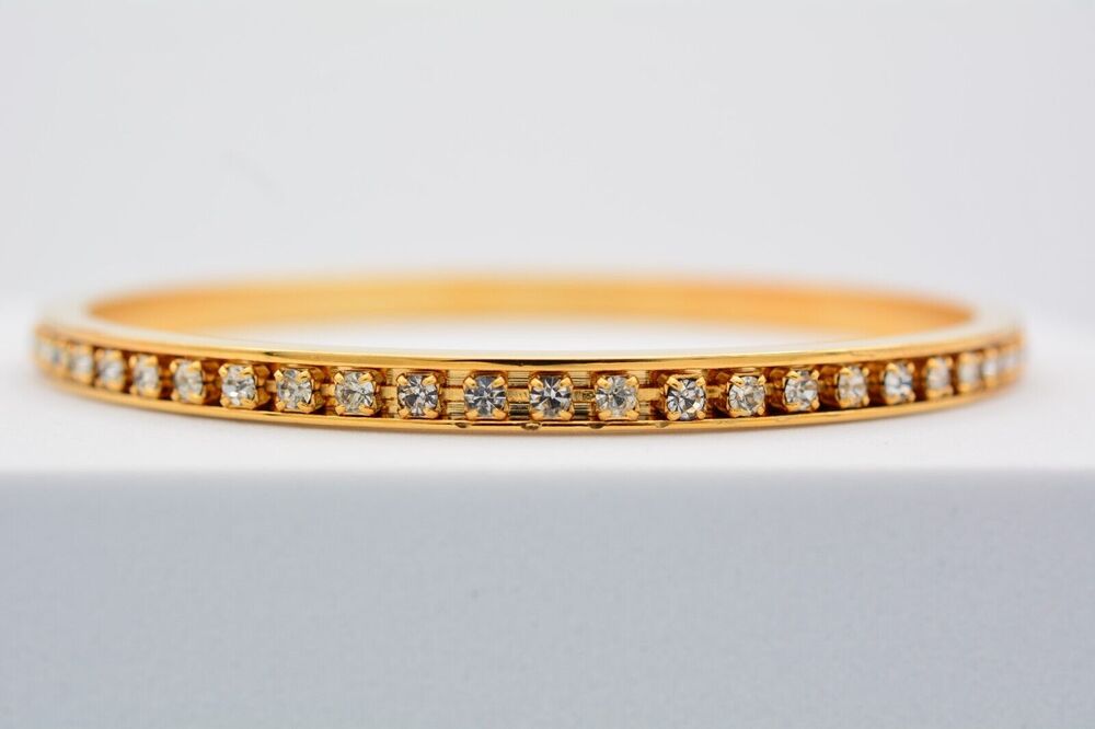Vintage Crystal Bangle Bracelet White Rhinestone Prong Gold Tone NOS 1980s A19